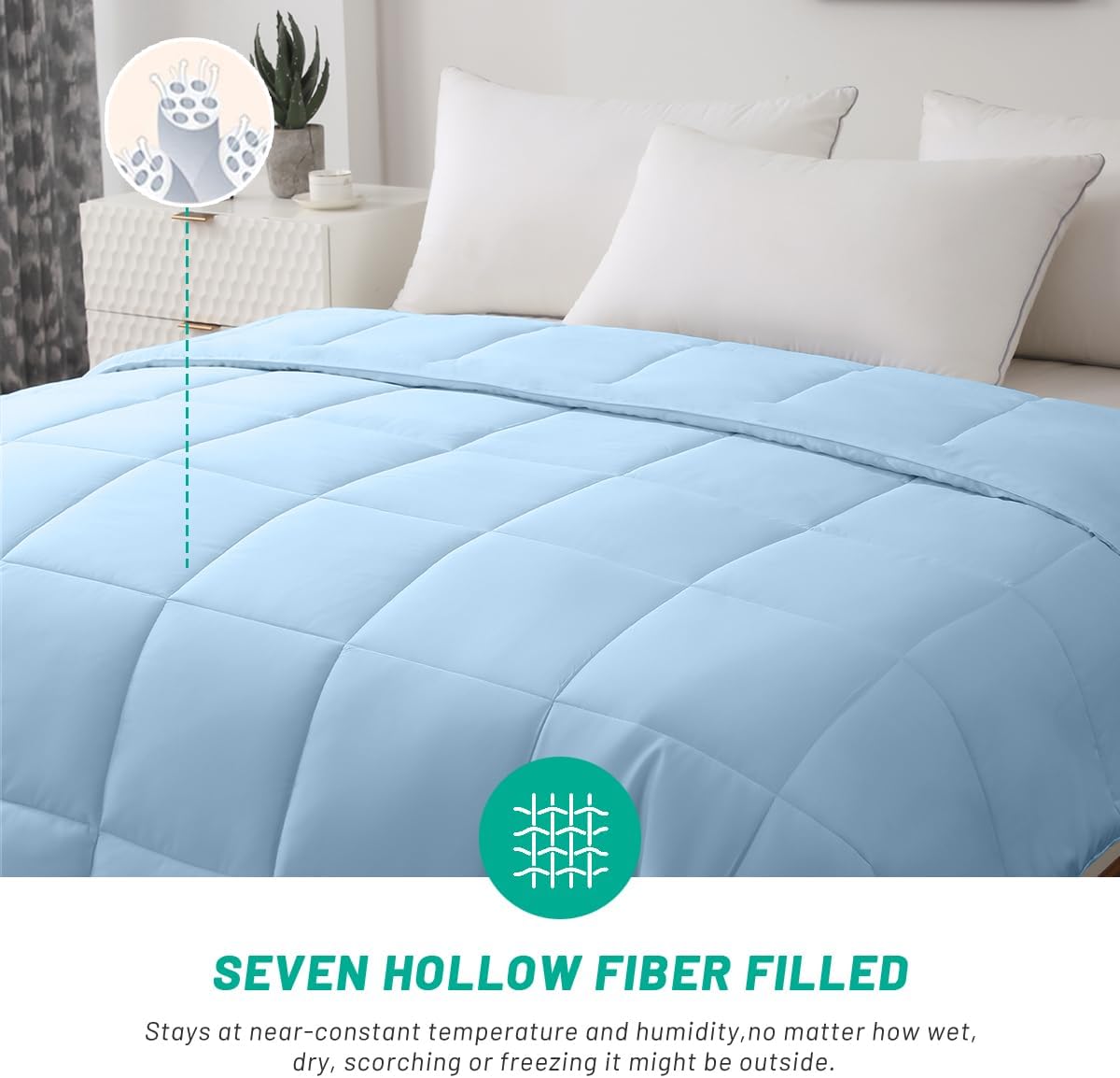 100% Viscose Made from Bamboo Comforter, Soft Lightweight Queen Size Summer Cooling Comforter Down Alternative Duvet Insert, 8 Corner Tabs（88x88 Inches, Light Blue-Summer）