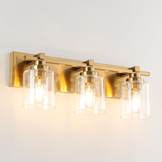 3 Light Modern Bathroom Light Fixtures Over Mirror, Brass Finish Vanity Lights for Bathroom Wall Sconces with Clear Glass Shades, E26 Socket (Bulbs Not Included)