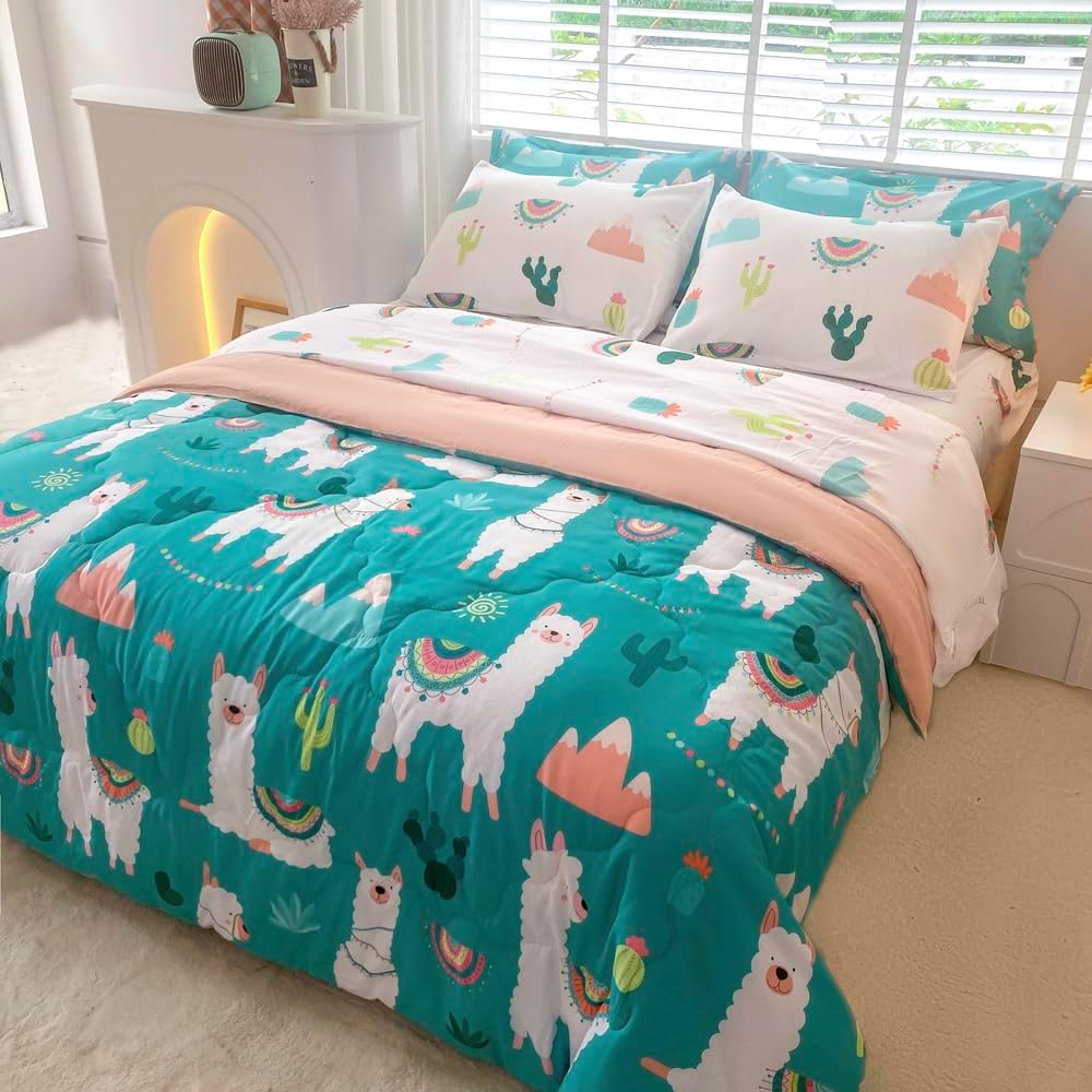 Wajade Kids Llama Comforter Set Bed in A Bag Twin Size 7 Piece Cute Alpaca Tropical Plant Cactus Bedding Set for Girls Boys (1 Comforter, 1 Flat Sheet, 1 Fitted Sheet, 2 Pillowcase and 2 Pillow Sham)
