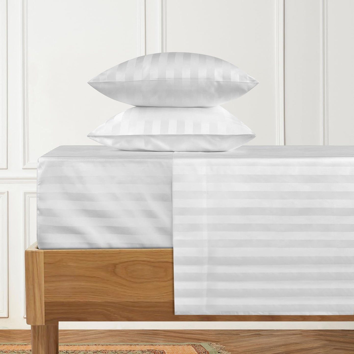 URBANHUT 1000 Thread Count Egyptian Cotton Sheets Damask Striped King Size, Long Staple Soft & Breathable, 4 Pc Bed Sheet Sets, Luxury Hotel Sateen Sheets Fits 16" Deep Pocket - White