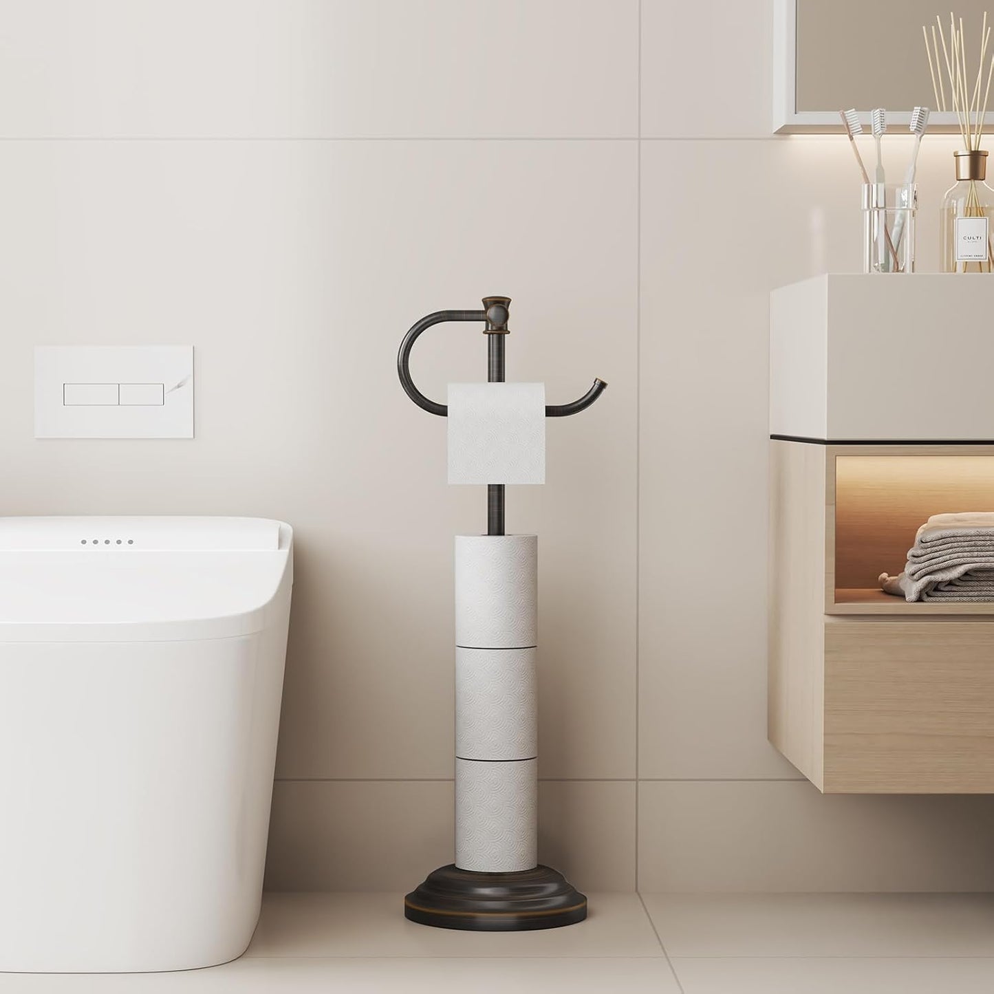 BESy Toilet Paper Holder Free Standing Bathroom Toilet Tissue Holder Stand for Floor Toilet Paper Roll Holder with Storage Hardware Accessories Rack Hand Towel Bar Oil Rubbed Bronze Stainless Steel