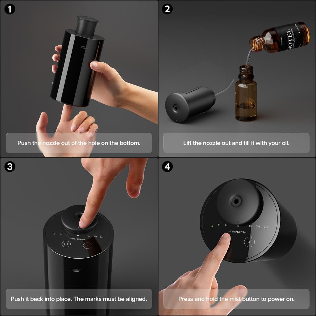 Waterless Essential Oil Diffuser Starter Kit with 30mL Hotel Scent Fragrance Oil Inspired by Ritz-C., Battery Operated Mini Scent Air Machine Portable Diffuser for Home Car Office, Black AN6