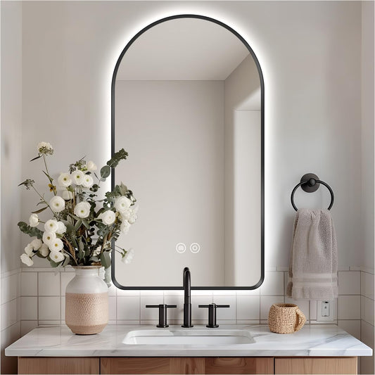 40" x 24" Arched LED Bathroom Mirror, Brushed Black Framed, Backlit Vanity Mirror with Lights, Wall Mounted Lighted Mirror, Dimmable 3-Color Shatter-Proof Arch Smart Mirror, UL-Listed, CRI≥93