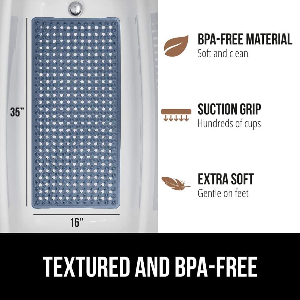 GORILLA GRIP Patented Bath Tub Shower Mat, Machine Washable Bathtub Floor Liner Mats, Suction Cups and Drain Holes to Keep Tubs Clean, Soft on Feet, Bathroom Essentials, 35x16 Inch, Clear Navy