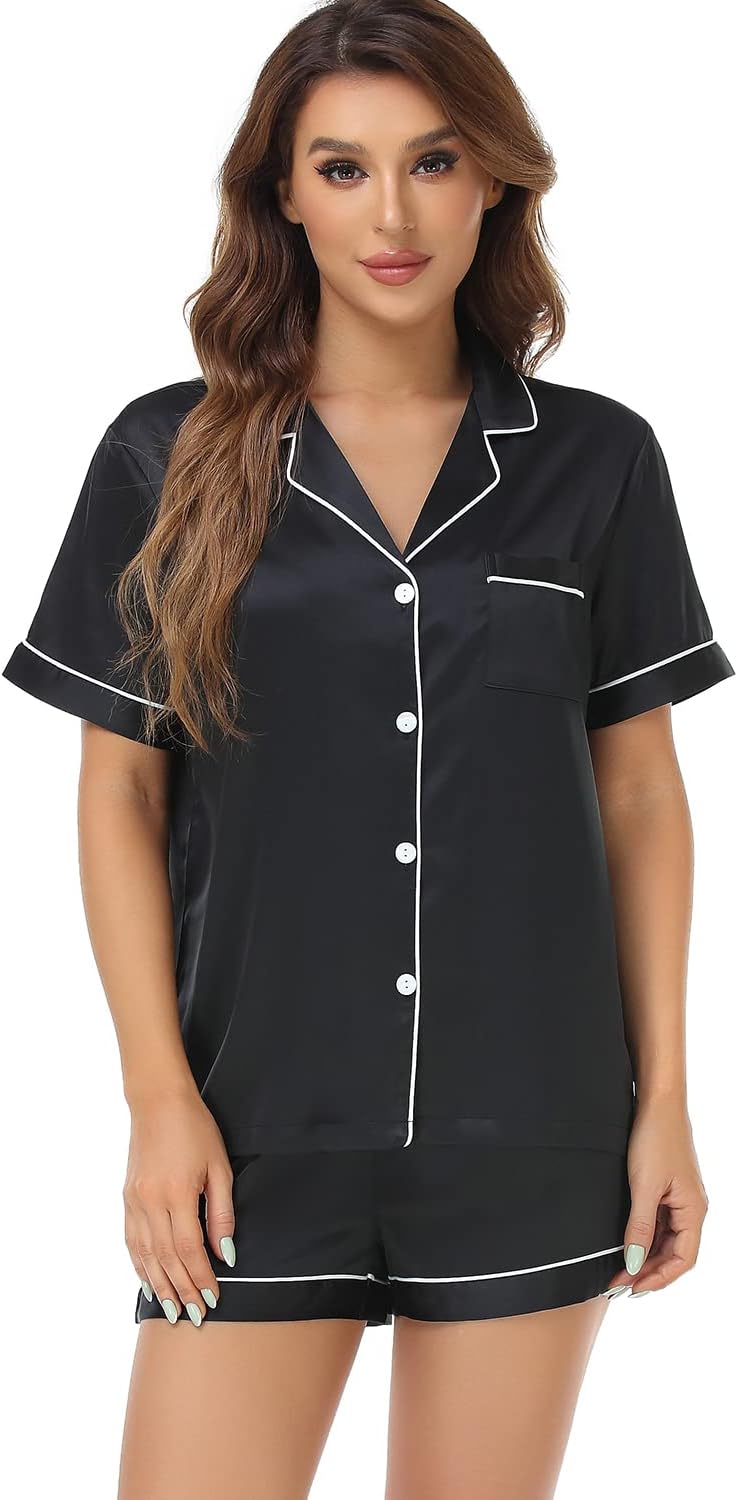 Women's Satin Pajama Set 2-Piece Sleepwear Loungewear Button Down Short Sleeve Silky PJ Set