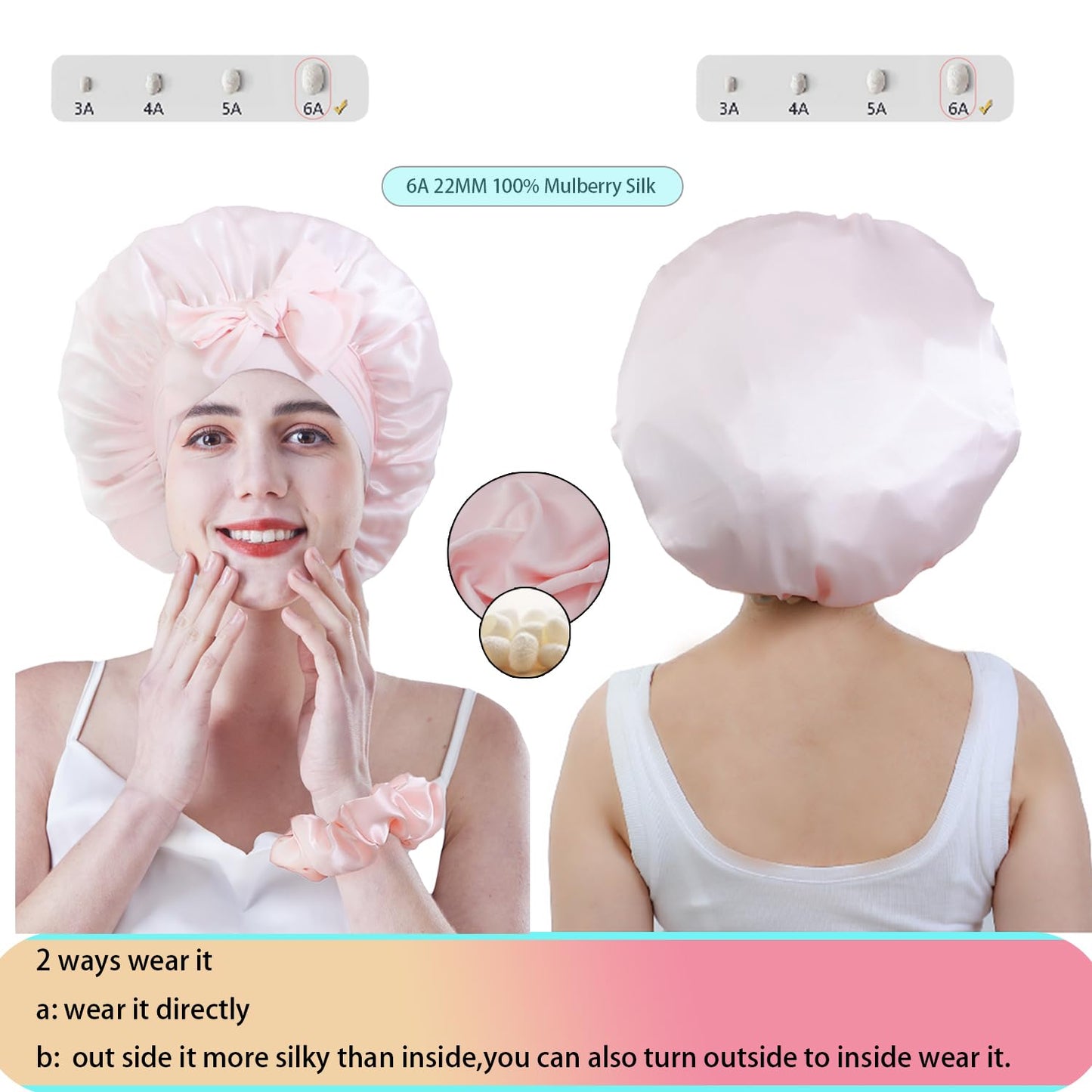 Cocheng Silk Bonnet for Sleeping Large mulberry Sleep Cap Adjustable & Breathable Bonnet for Curly Hair Silk Hair Cap for Sleeping with Wide Tie Band