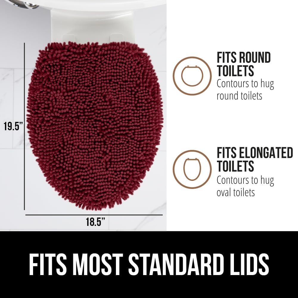 GORILLA GRIP Soft Chenille Bathroom Toilet Lid Cover, Machine Washable Seat Covers, 19.5x18.5, Stays in Place Rubber Backing, Fits Most Round, Elongated and Oblong Lids, Accessories Decor, Burgundy