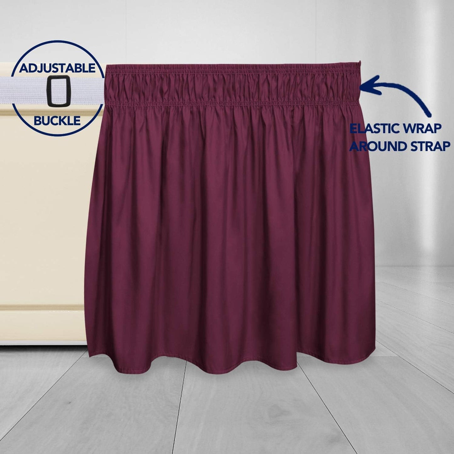 PureFit Wrap Around Ruffled Bed Skirt with Adjustable Elastic Belt - 18 Inch Drop Easy to Put On, Wrinkle Free Bedskirt Dust Ruffles, Bed Frame Cover for Queen, King and C-King Size Beds, Wine