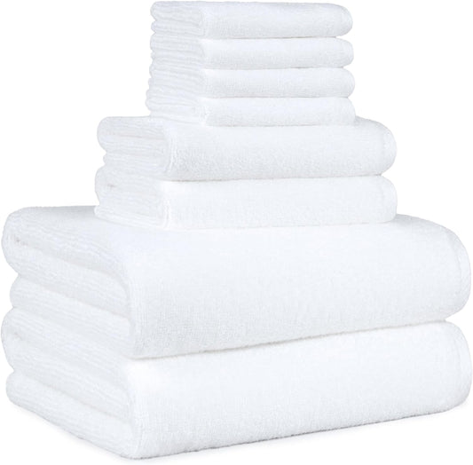 Amazon Basics 100% Cotton Soft Quick-Dry Bath Towel Set, 8-Piece, White, 10" x 7" (Pack of 6)
