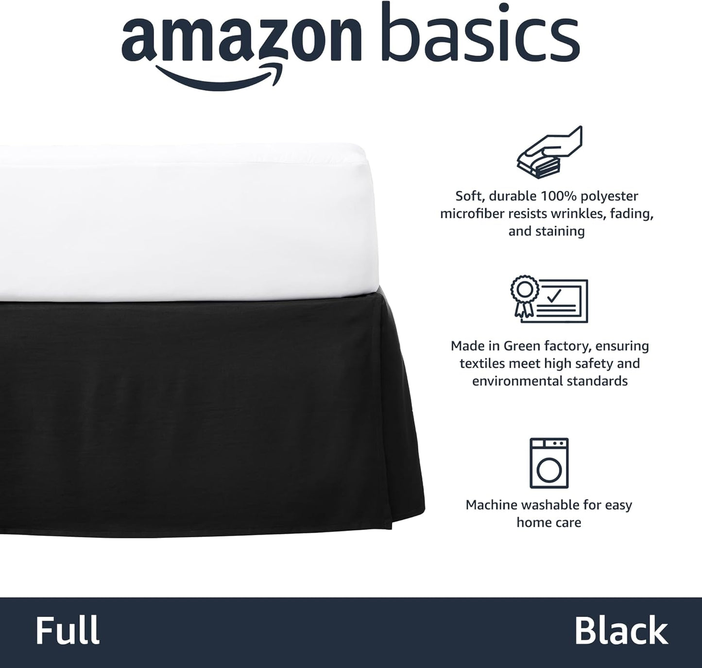Amazon Basics Lightweight Pleated Bed Skirt, Full, Black, Solid