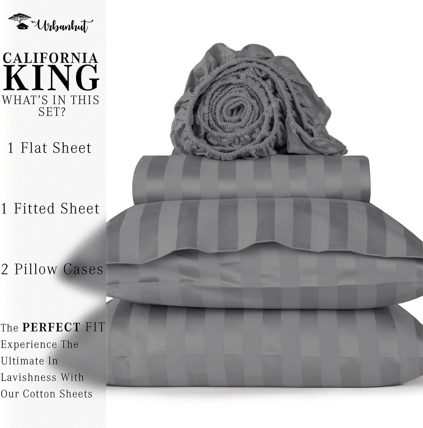 URBANHUT 1000 Thread Count Egyptian Cotton Sheets Damask Striped California King Size, Long Staple Soft & Breathable, 4 Pc Bed Sheet Sets, Luxury Hotel Sateen Sheets Fits 16" Deep Pocket - Dark Grey