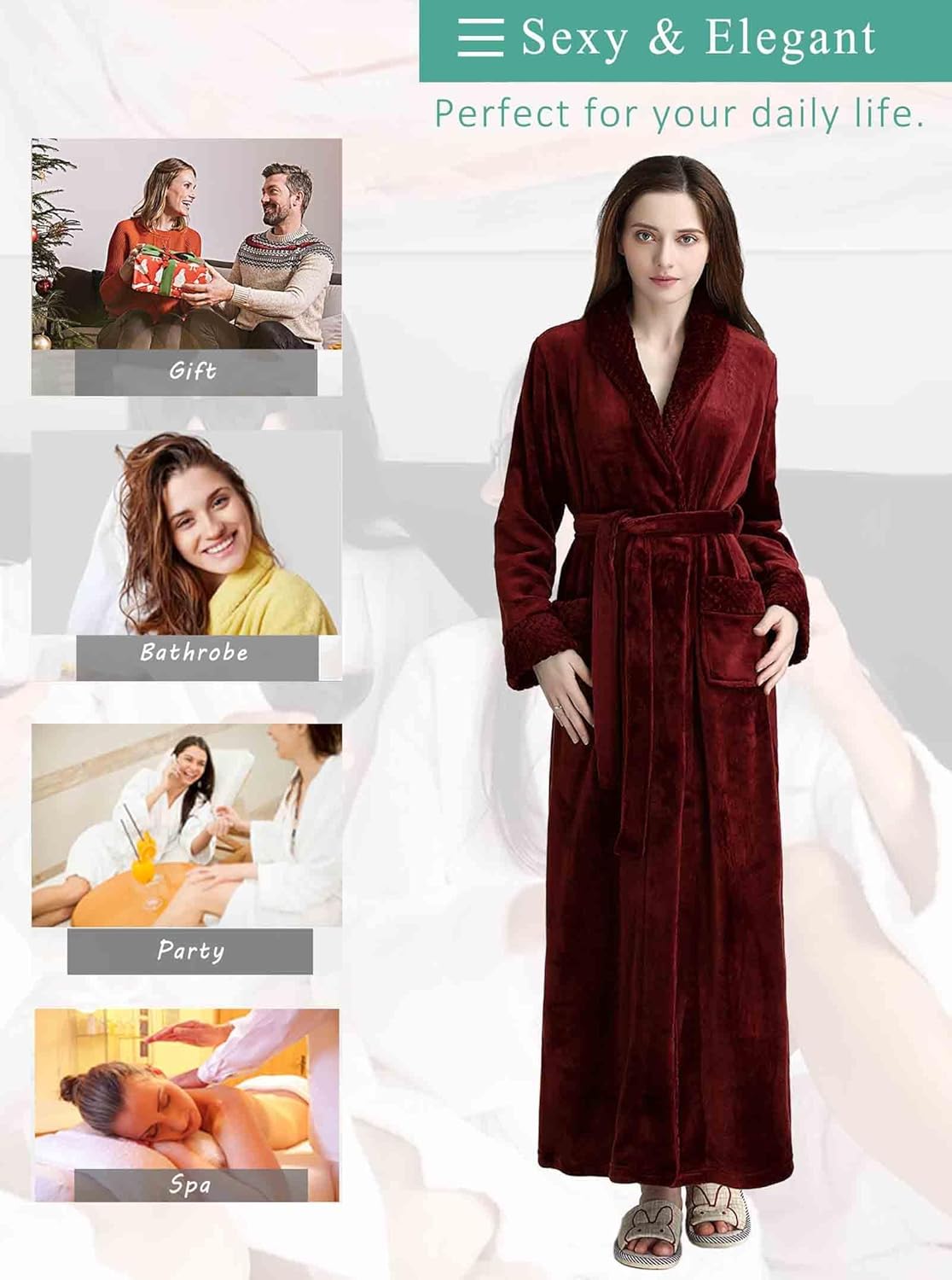 Artfasion Womens Long Fleece Robe - Warm Soft Floor Length Flannel Bathrobes for Winter Thicker Long House Coat with Pockets
