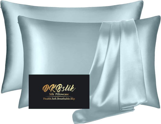 DKBslik Silk Pillowcase 2 Pack,Natural Mulberry Silk Pillow Case,Anti Acne Silk Pillowcase for Hair and Skin, King Size Silk Satin Pillowcase Set of 2 with Hidden Zipper,Gifts for Women Men,Aqua Blue
