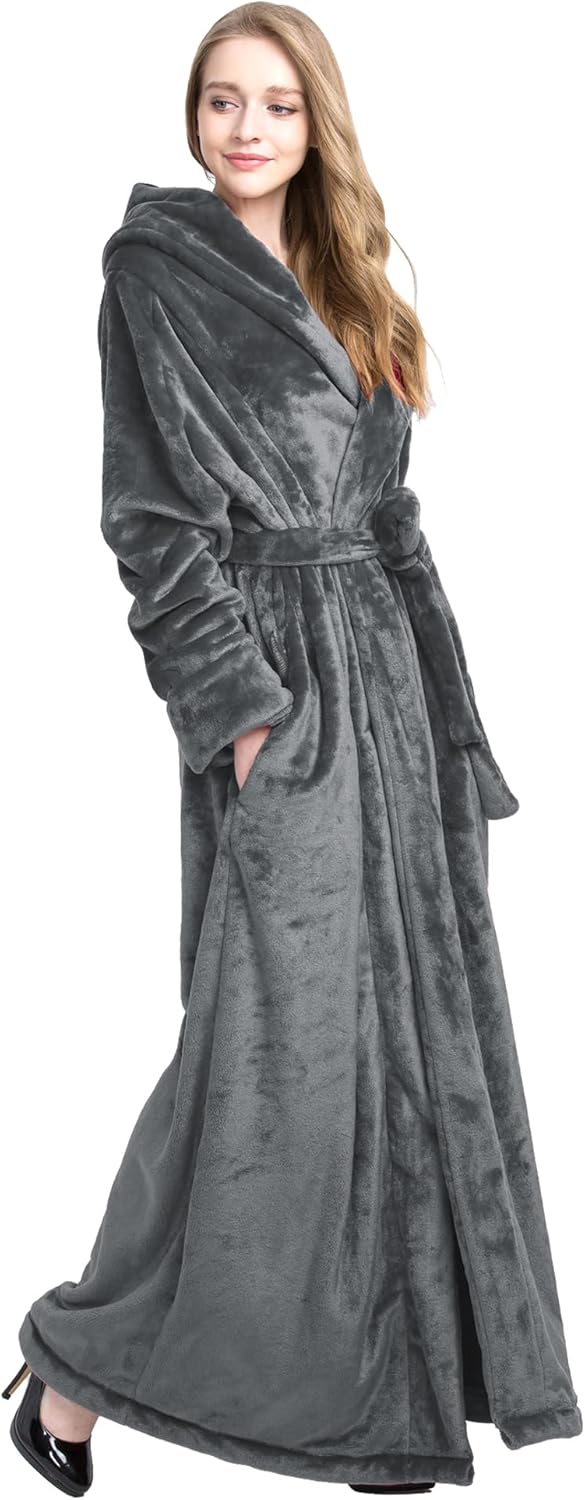 Women's Plush Robe Extra Long Robe with Pockets Thicken Soft Warm Bathrobe