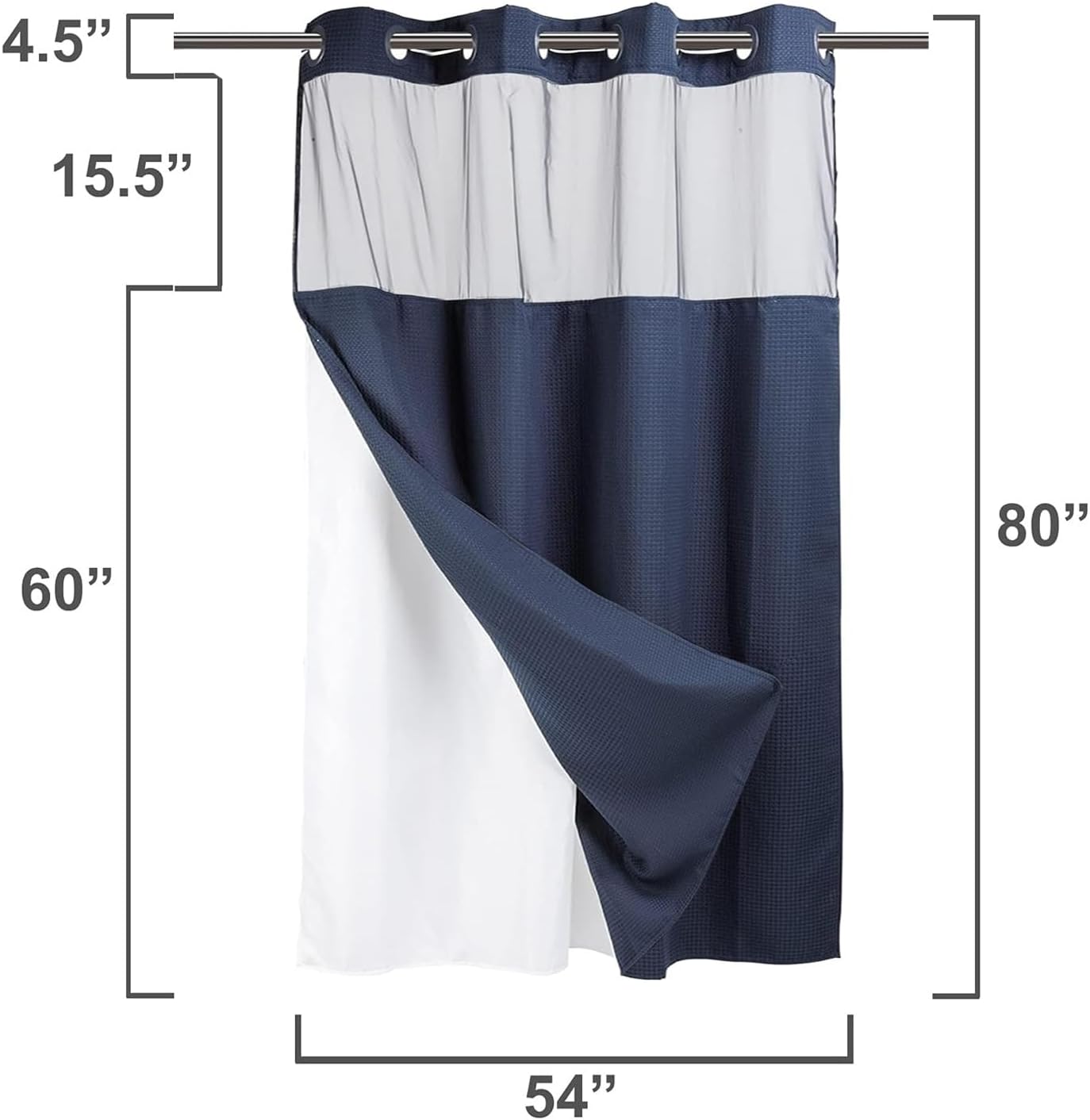 River Dream Heavyweight No Hooks Required Dotted Waffle Weave Shower Curtain with Snap in Liner -Stall 54W x 80H,Hotel Grade,Spa Like Bath Curtain,Navy