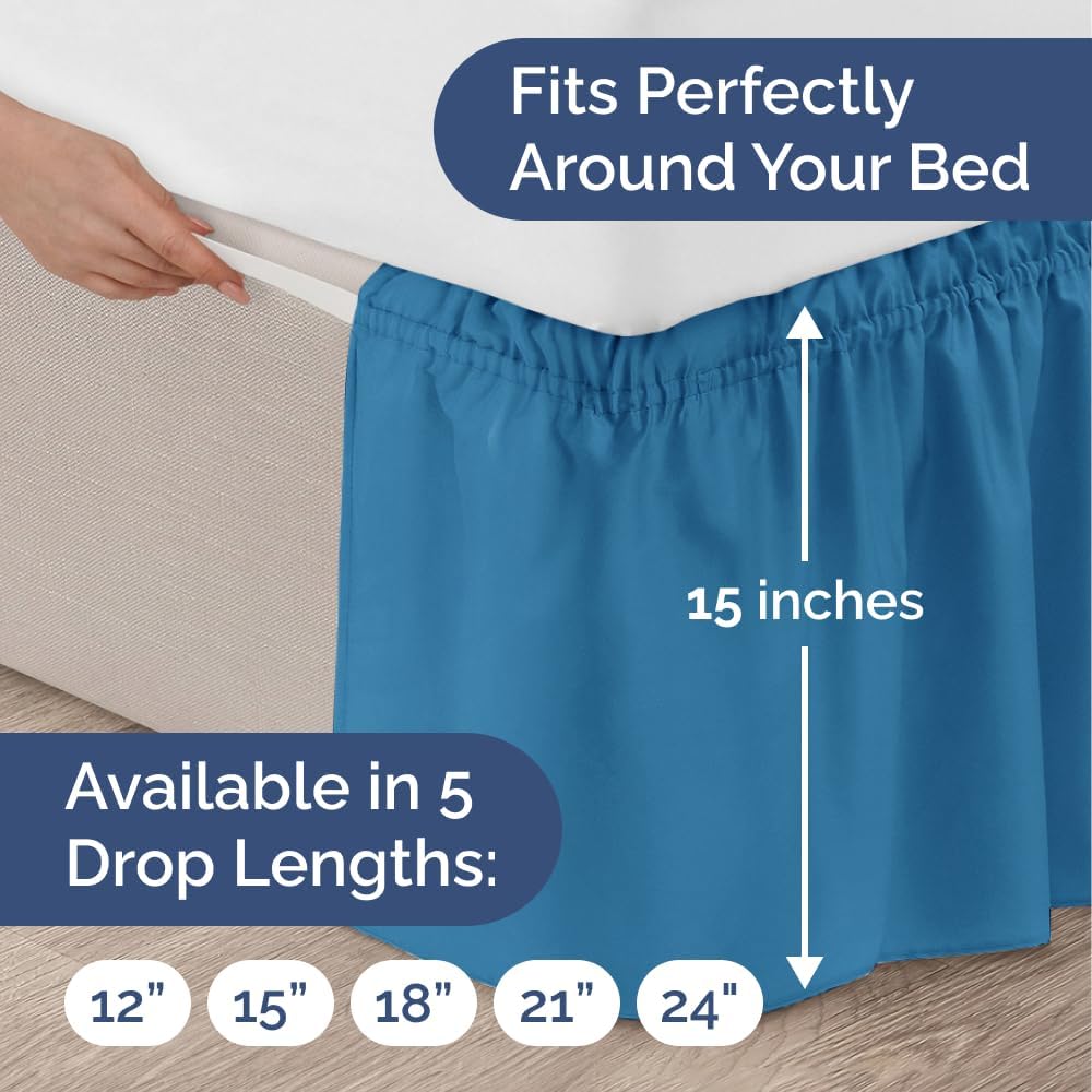 Wrap Around Dust Ruffle Bed Skirt - Denim Blue - for Queen Size Beds with 15 Inch Drop - Elastic Strap - Adjustable Pleated Bedskirt with Brushed Fabric and Wrinkle Free - For Women, Men, Kids & Teens