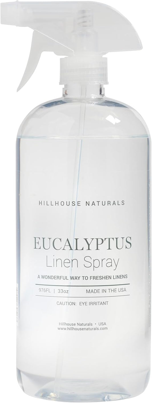 Hillhouse Naturals 1 liter Eucalyptus Linen Mist Aromatherapy Spray for Relaxation and Sleep. With scents of spearmint, eucalyptus, rosemary and our special floral blend. Made in the USA
