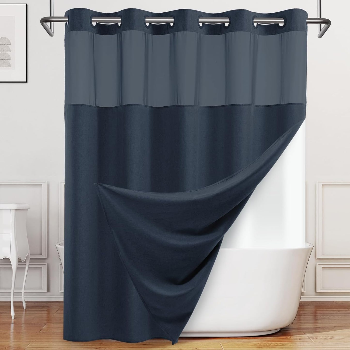 No Hook Navy Blue Shower Curtain and Liner, Linen-Look Polyester Textured Shower Curtain with Snap in Liner, Waterproof & Washable Bath Curtains for Bathroom, 71Wx74H