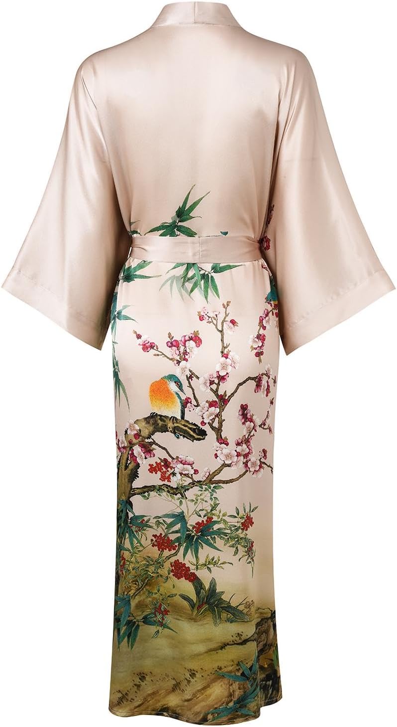 Women's Silk Kimono Robe Long Bathrobe Nightgown 100% Mulberry Silk for Women - Classic Floral Pattern