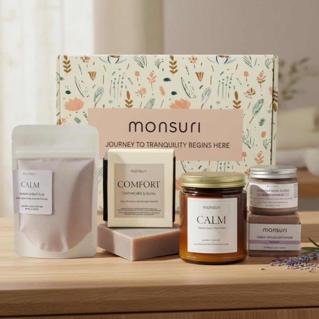Relaxing Bath Gifts for Mom | Wind-Down Ritual with Lavender Candle, Bath Bomb, Soak, Body Butter, Oatmeal Soap Bar - Mom Birthday Gifts for Women, Self Care Package, Mother's Day Gifts