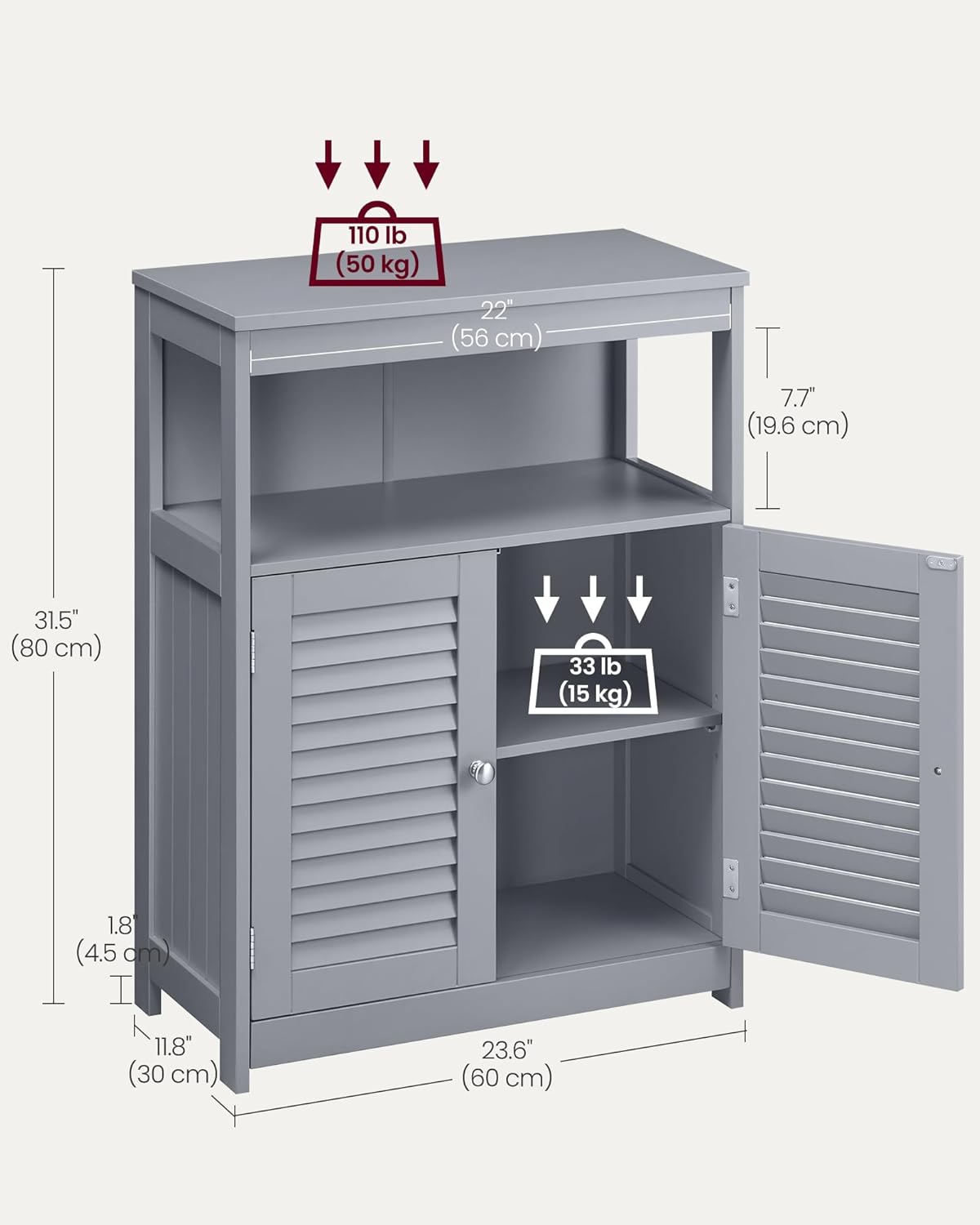 VASAGLE Floor Storage Cabinet, Freestanding Storage Unit with Double Shutter Doors and Adjustable Shelf, for Living Room, Bathroom, Entryway, Kitchen, Dove Gray UBBC040G02