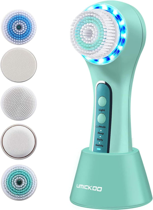 Face Scrubber Exfoliator,Facial Cleansing Brush Rechargeable IPX7 Waterproof with 5 Brush Heads,Electric Face Spin Brush for Exfoliating, Massaging and Deep Cleansing (Mint-Green)