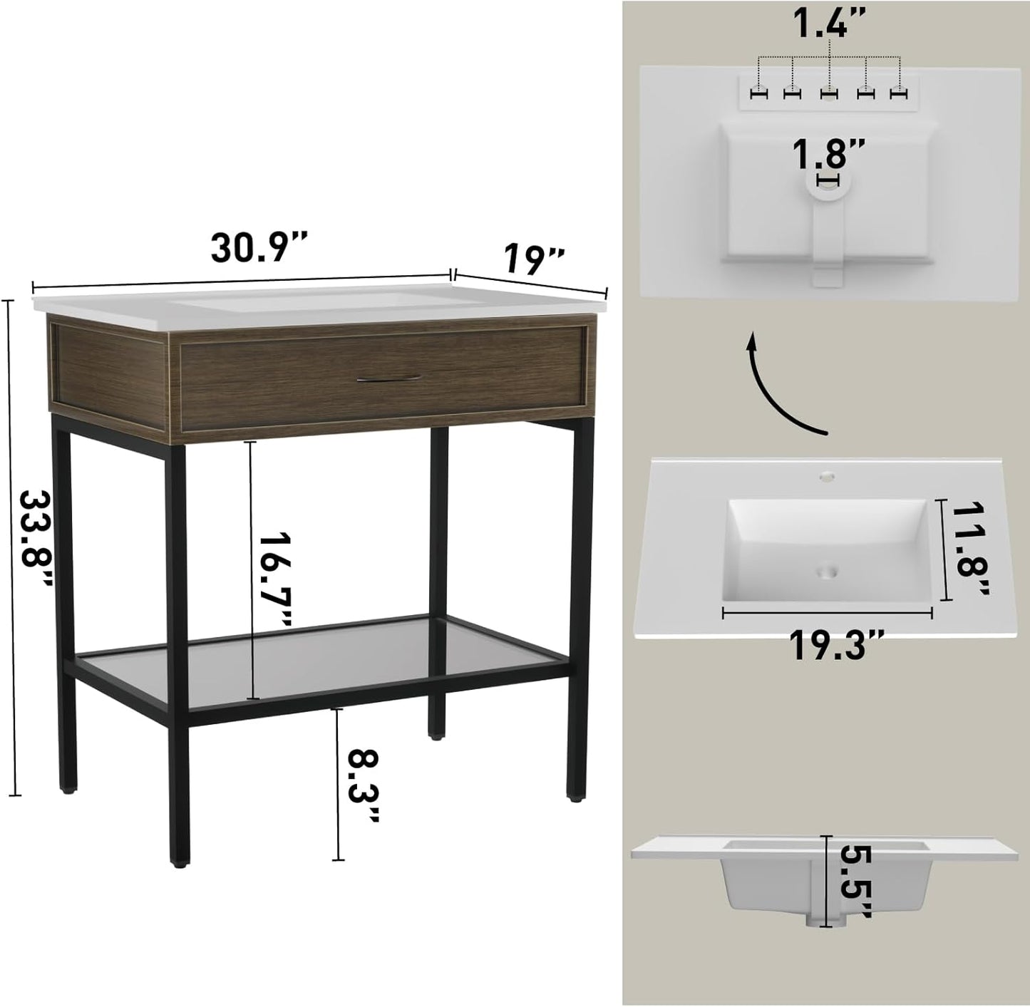 30 Inches Bathroom Vanity with Resin Sink, Single Sink Modern Cabinet Set, Stainless Steel Frame with Tempered Glass Open Shelf, Freestanding Bathroom Storage Cabinet Combo, Black