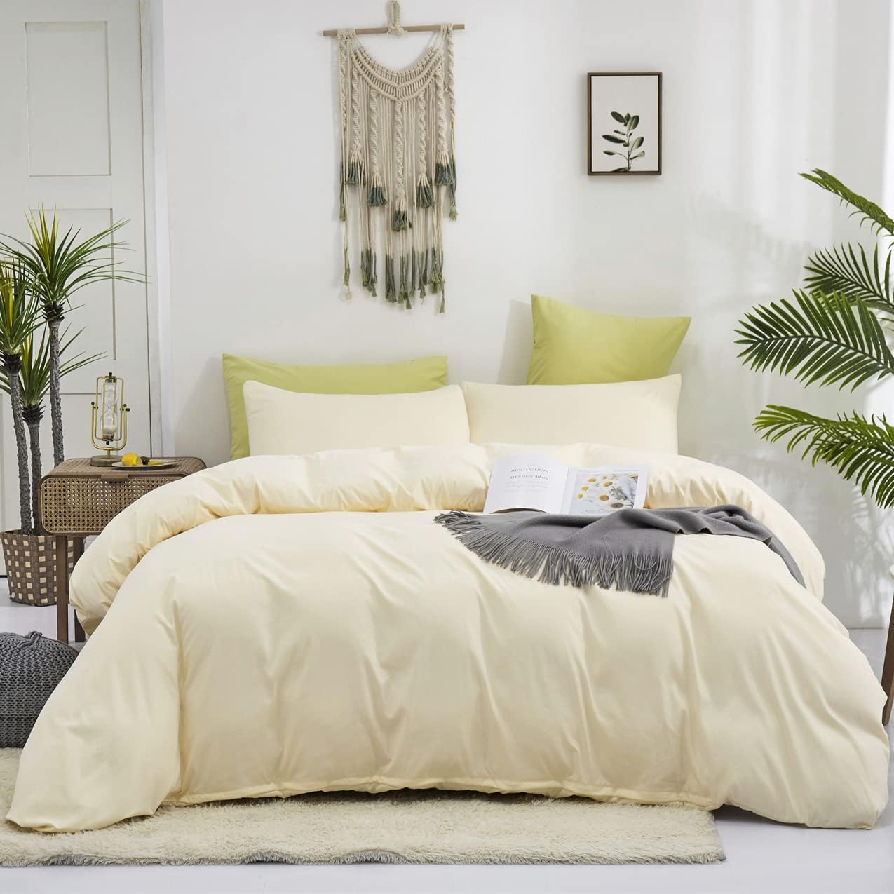 KAREVER Light Yellow Comforter Set Queen Off White Bedding Set Men Beige Breathable Ivory Bedding Set Women Soft Off White Queen Ivory Bedding Comforter Set Queen
