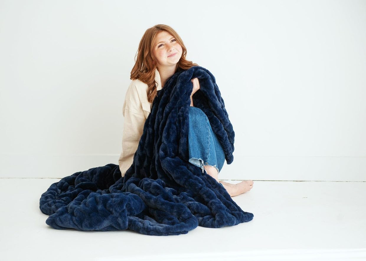 Minky Couture Hugs Blanket - Extra Plush Blanket for Premium Gifting - Stretchy Bubbled Cozy Throw - Silky Smooth - Durable & Machine-Washable - Travel-Friendly - Adult, Navy