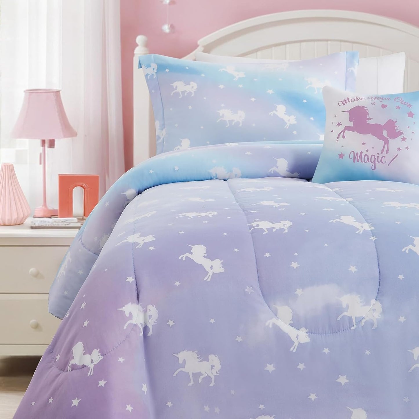 Full Size Comforter Set for Girls-4 Pieces Unicorn Glow in The Dark Full Bedding Sets for Kids, 1 Comforter, 2 Shams and 1 Decor Pillow