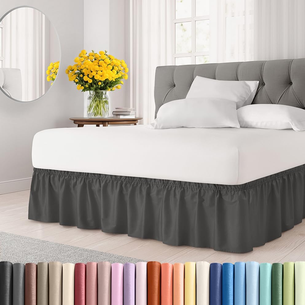 Wrap Around Dust Ruffle Bed Skirt - Charcoal - for Full Size Beds w/ 12 Inch Drop - Easy Fit Elastic Strap - Adjustable Pleated Bedskirt w/Brushed Fabric - Wrinkle Free - for Women, Men, Kids & Teens
