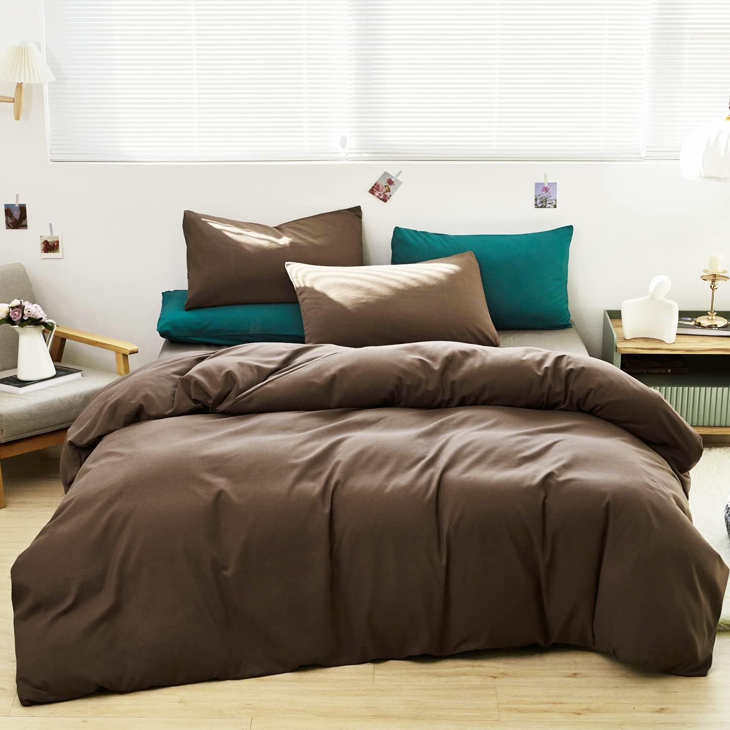 Cottonight Brown Comforter Set Queen Bedding Set Mocha Solid Modern Dark Color Blanket Quilts Soft Chocolate Color Breathable Brown Comforter Set for Women Men Queen Size