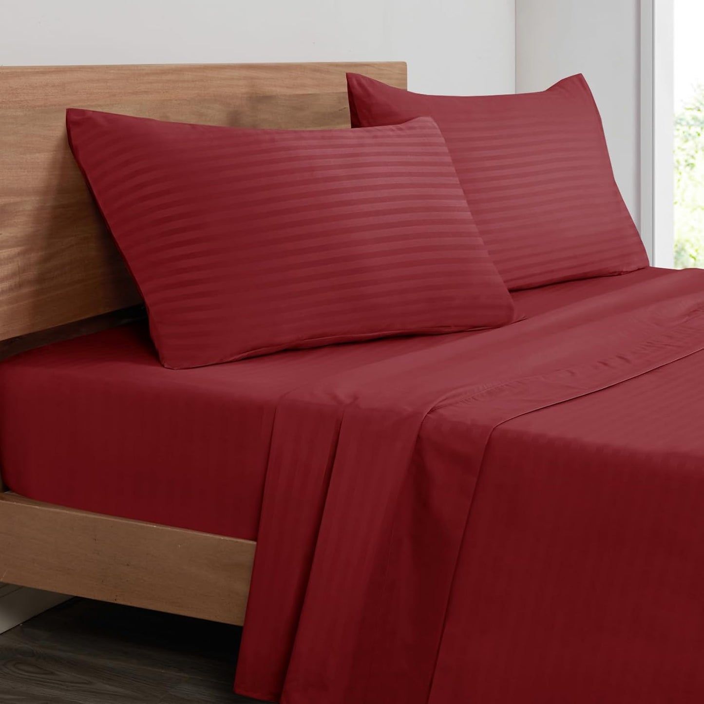 Mejoroom Striped Queen Size Sheet Set - Hotel Luxury 1800 Bedding Sheets & Pillowcases - Deep Pocket Fitted Sheet, Soft, Breathable, Wrinkle & Fade Resistant - 4 Piece (02-Burgundy)