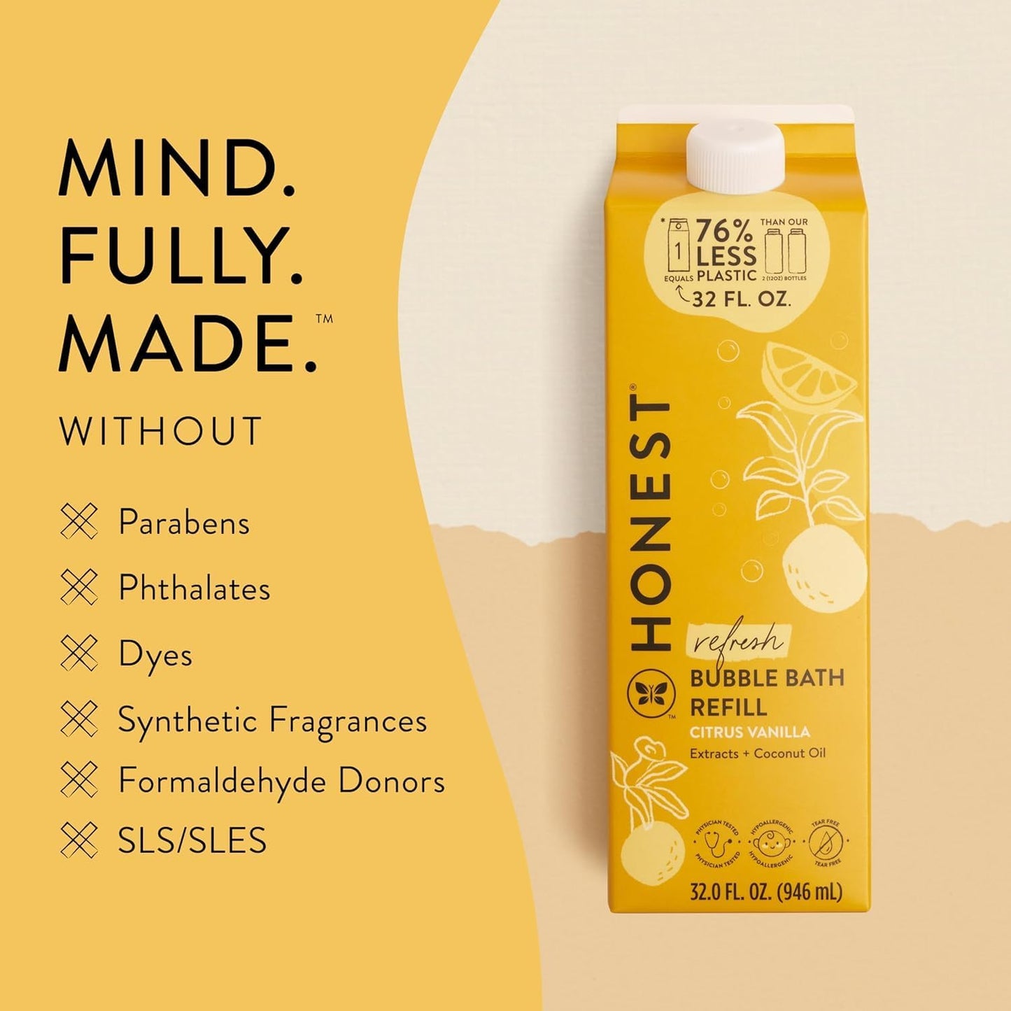 The Honest Company Foaming Bubble Bath Refill Carton Gentle for Baby Naturally Derived Tear-Free Hypoallergenic Citrus Vanilla Refresh 32 fl oz