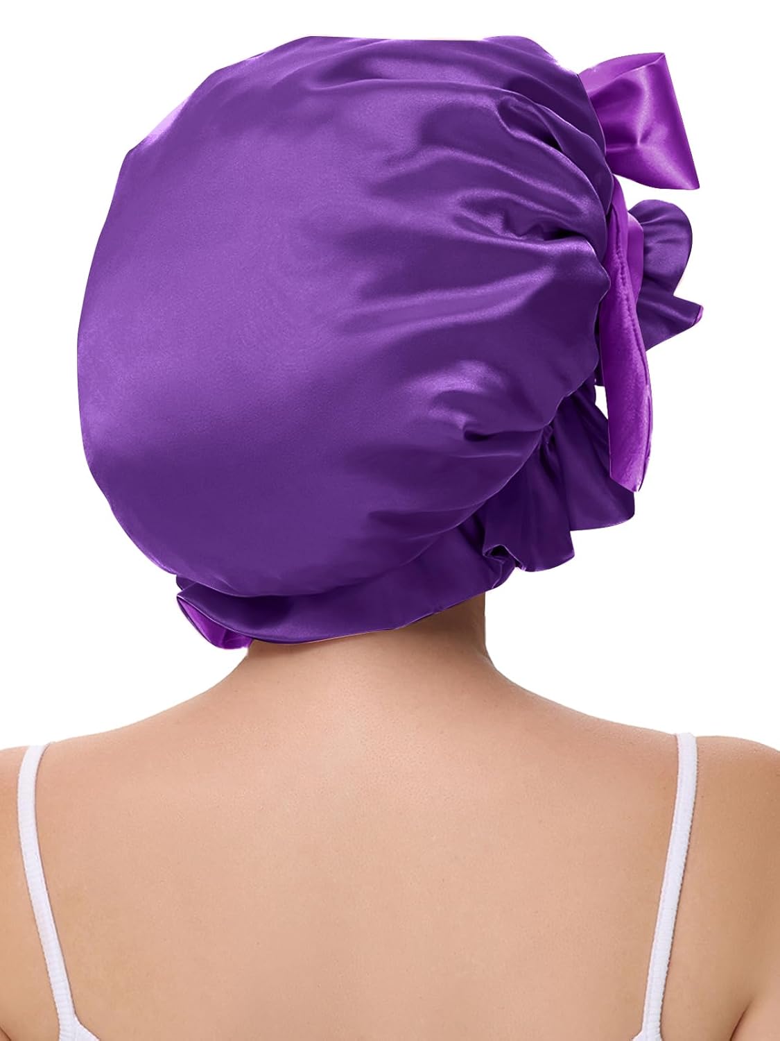 Cute Adjustable Silk Bonnet for Sleeping Double Layer Satin Cap Hair Sleep Bonnet for Curly Hair Purple