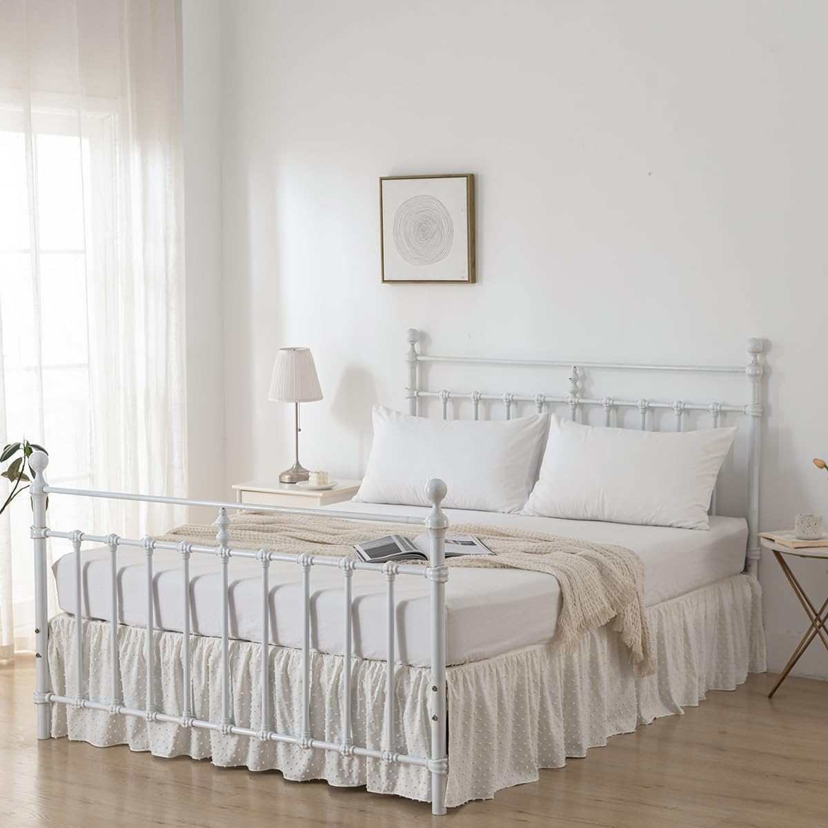 Tufted Dot Bed Skirt King Size Ruffled Bed Skirt with Split Corners, 14 Inch Drop Dust Ruffle Bed Skirts with Platform, Ivory
