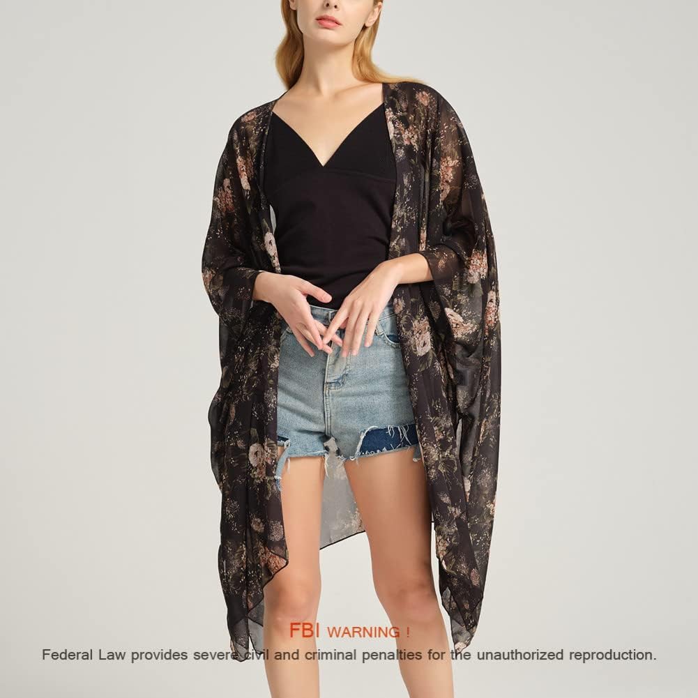 Women's Bohemian Floral Chiffon Beach Cover up Swimsuit Kimono Summer Swimwear Cardigans
