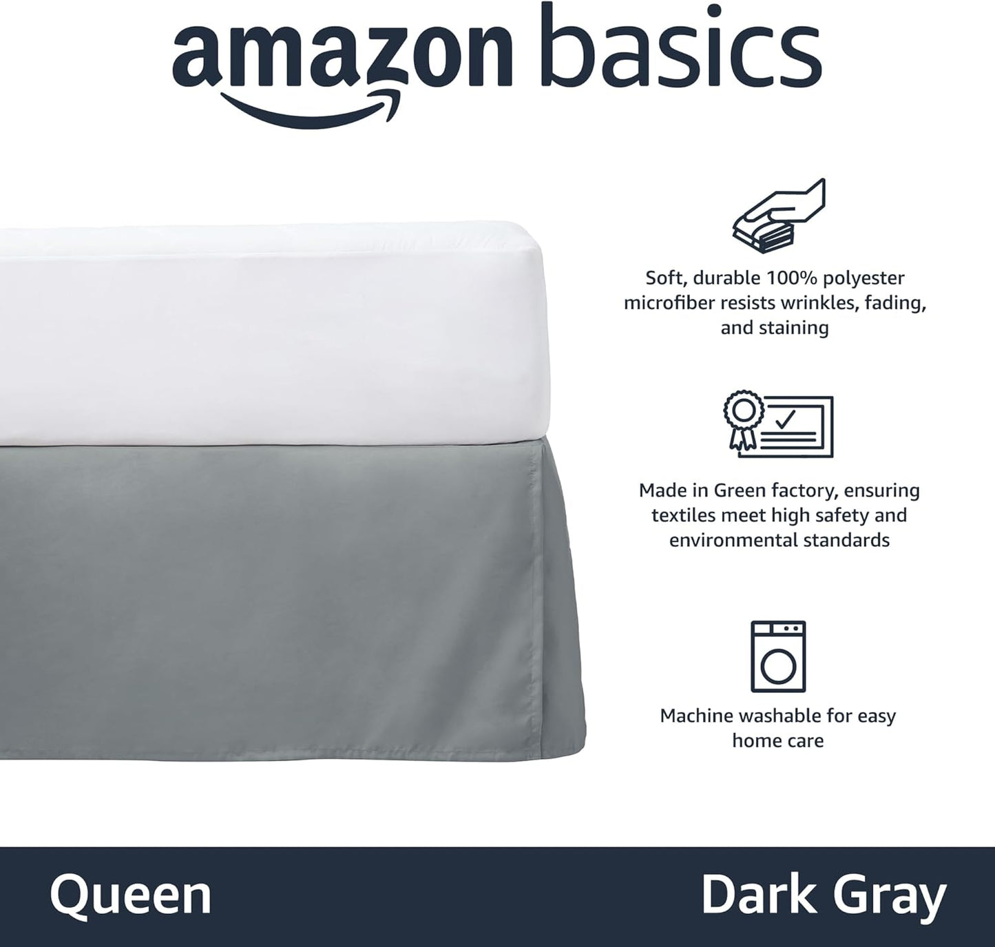 Amazon Basics Lightweight Pleated Bed Skirt, Queen, Dark Grey, Solid