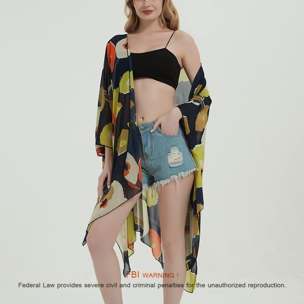 Women's Bohemian Floral Chiffon Beach Cover up Swimsuit Kimono Summer Swimwear Cardigans