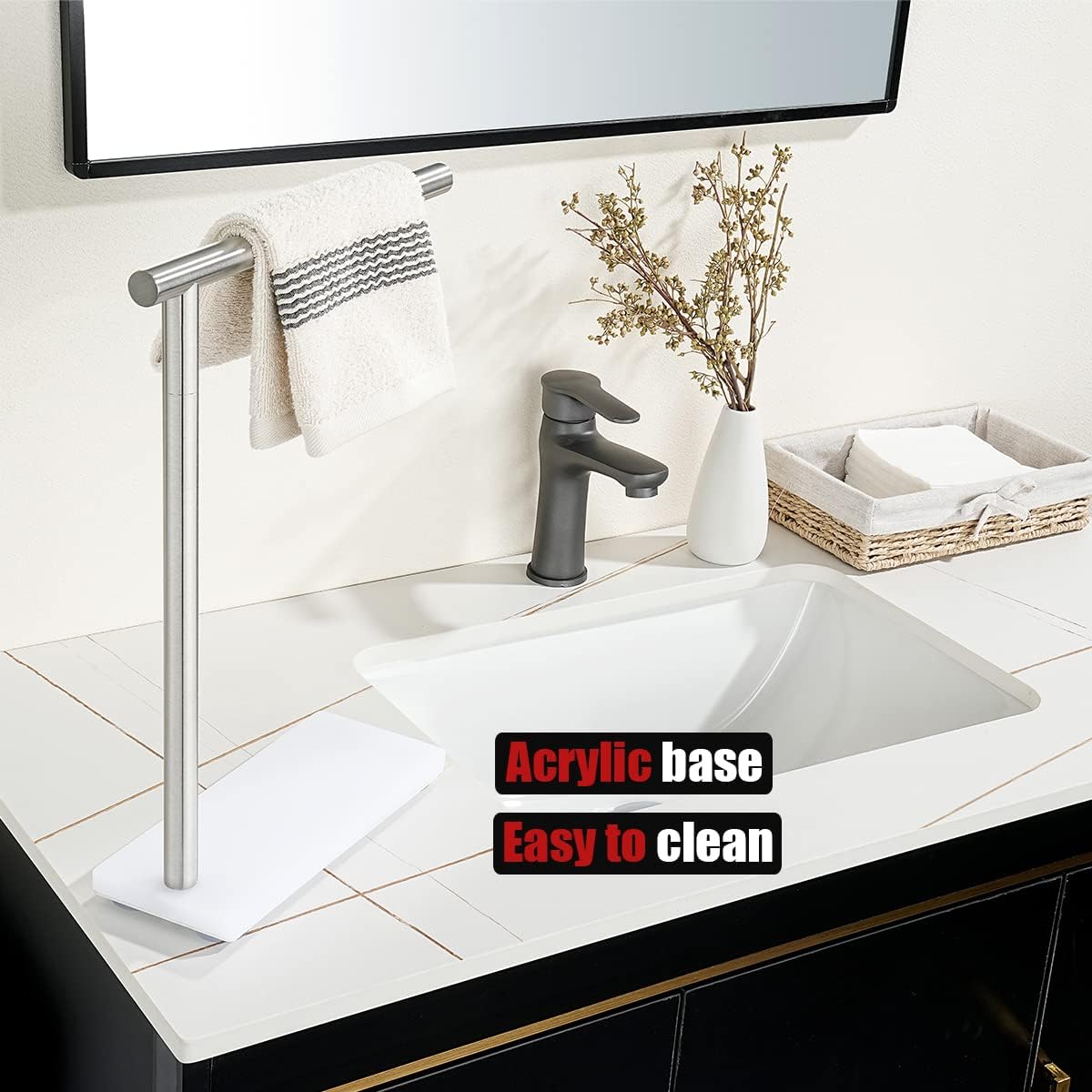 JQK Hand Towel Holder Stand Brushed, Modern Tree Rack Free Standing for Countertop with 12 Inch Bar, 304 Stainless Steel Thicken 0.8mm, HTT170-WN
