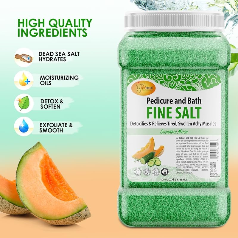 SPA REDI - Detox Foot Soak Pedicure and Bath Fine Salt, Cucumber and Melon, 128 Oz - Made with Dead Sea Salts, Argan Oil, Coconut Oil, and Essential Oil - Hydrates, Softens and Moisturizes