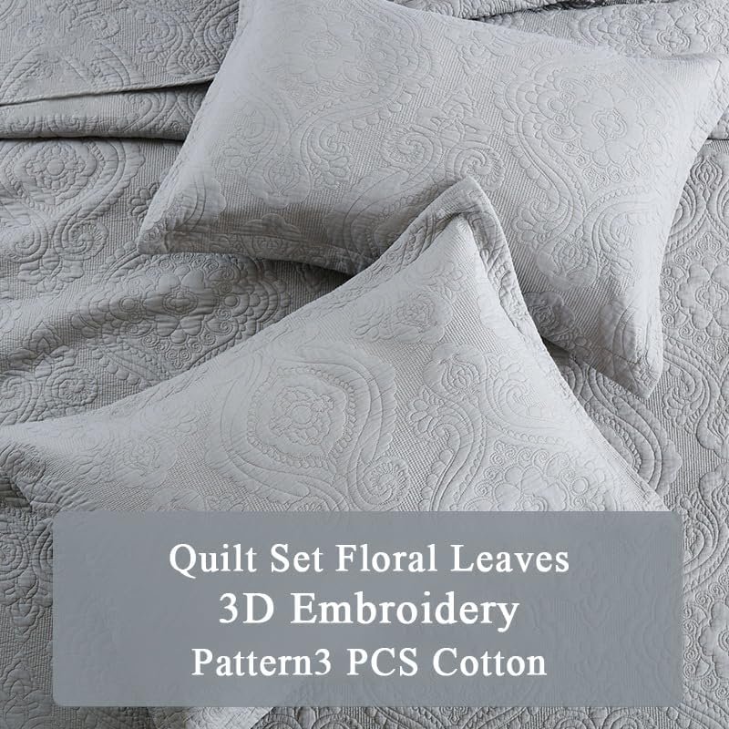 Quilt Set Floral Leaves 3D Embroidery Pattern 3 PCS Cotton Reversible Quilted Embroidered Decorative Bedspreads Coverlet Set, Lightweight &Soft Queen Size Beige Bedding Coverlet for All Season