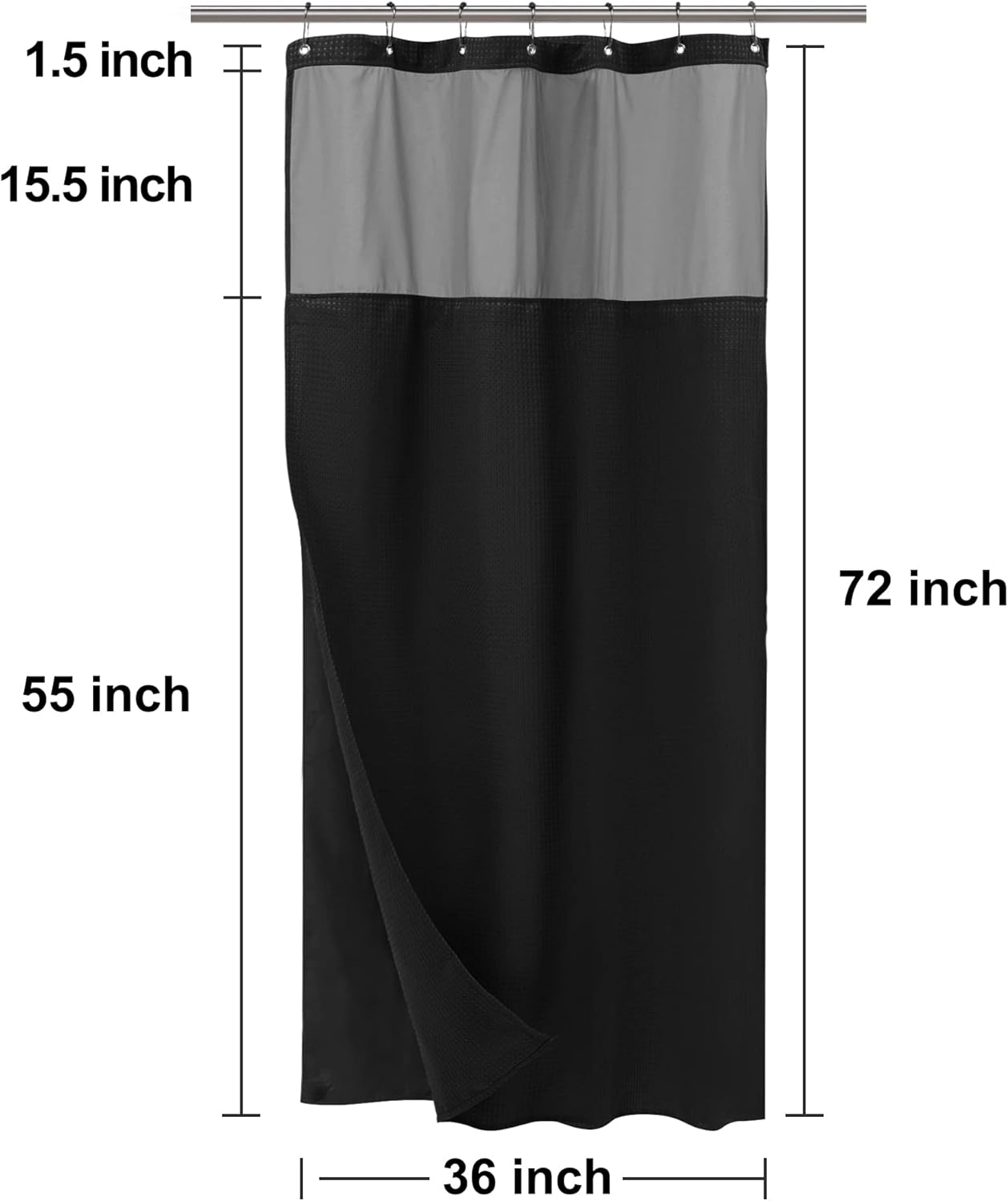 N&Y HOME Stall Waffle Weave Shower Curtain with Snap-in Fabric Liner & Hooks Set - 36" x 72" Small Shower Stall Size, Hotel Style & Mesh Top Window, Machine Washable - 36x72, Black