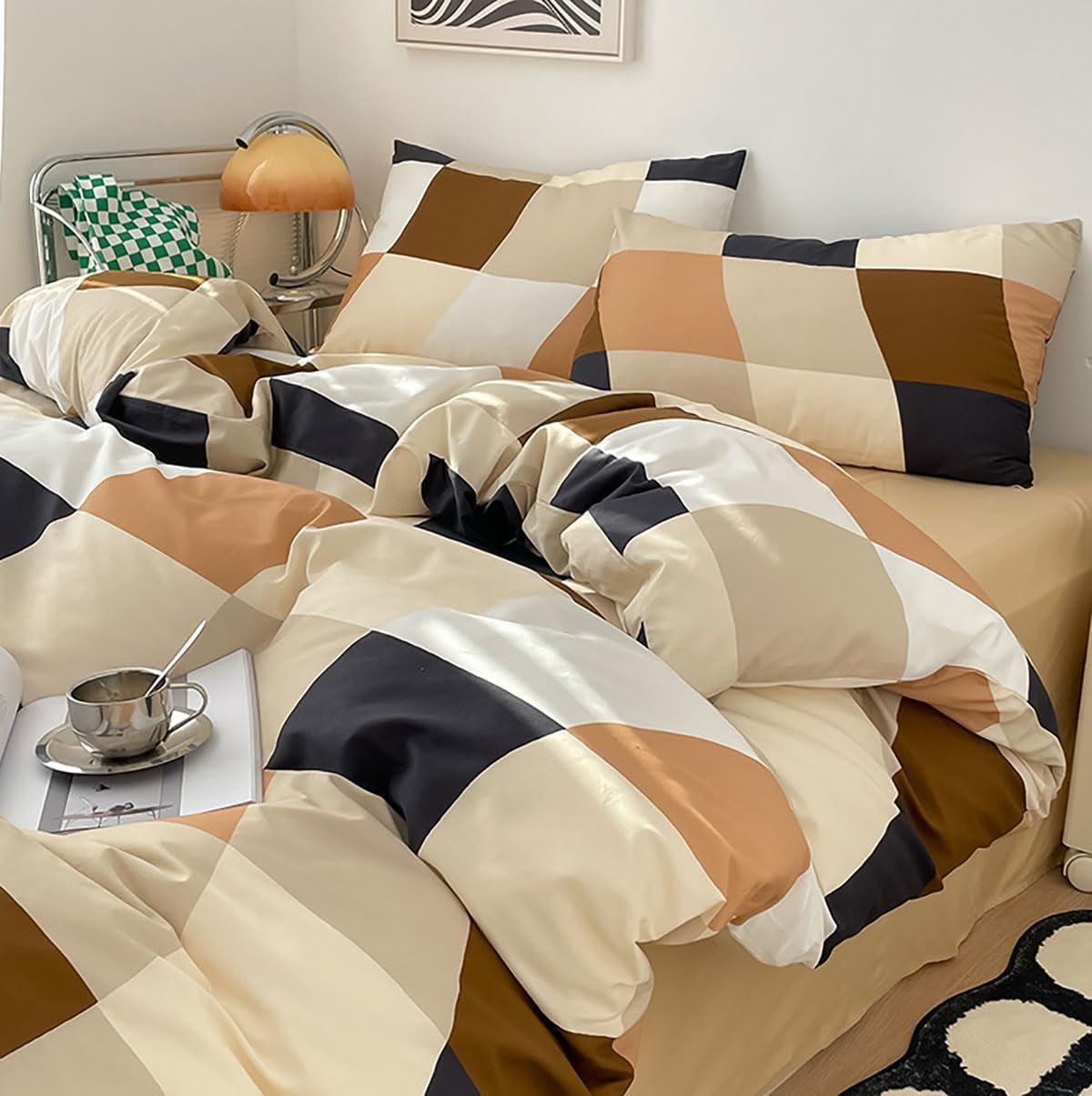 KAREVER Checkerd Comforter Set King Multicolored Grid Bedding Set Men Women Modern Chic Checkered Bed Blanket White Black Plaid Buffalo King Bedding Comforter All Season Hotel Quality