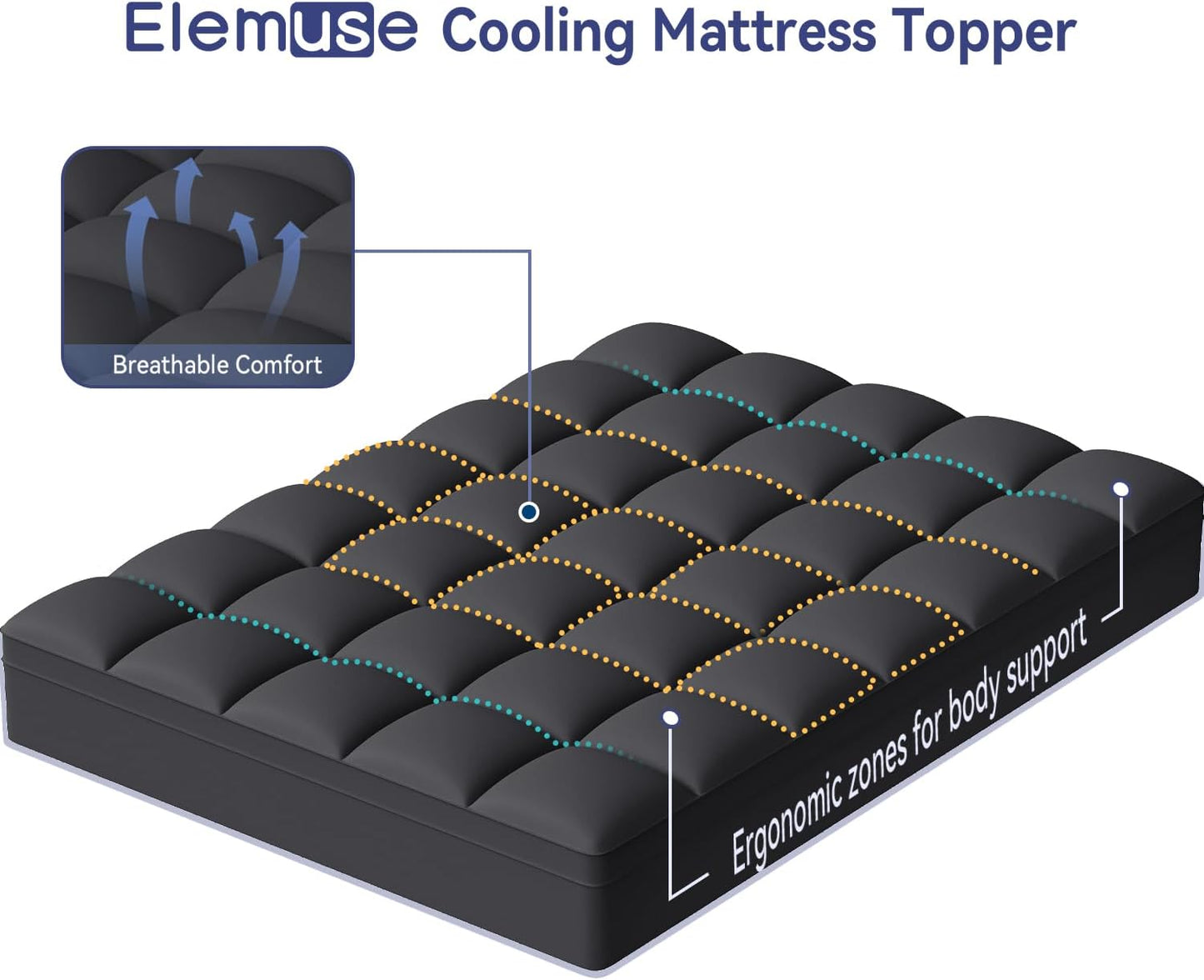 ELEMUSE Queen Black Mattress Topper for Back Pain, Extra Thick Mattress Pad Cover, Plush Soft Pillowtop with Elastic Deep Pocket, Overfilled Down Alternative Filling