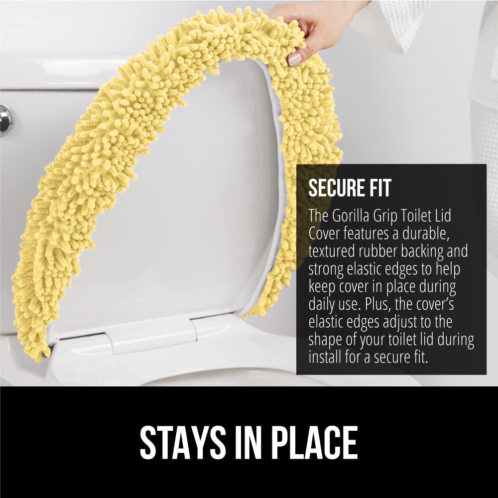 GORILLA GRIP Soft Chenille Bathroom Toilet Lid Cover, Machine Washable Seat Covers, 19.5x18.5, Stays in Place Rubber Backing, Fits Most Round, Elongated and Oblong Lids, Accessories Decor, Yellow