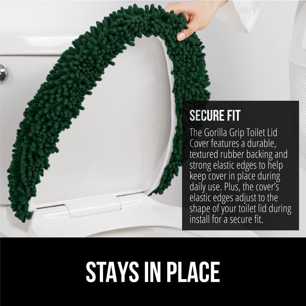 GORILLA GRIP Soft Chenille Bathroom Toilet Lid Cover, Machine Washable Seat Covers, 19.5x18.5, Stays in Place Rubber Backing, Fits Most Round, Elongated and Oblong Lids, Accessories Decor, Hunter
