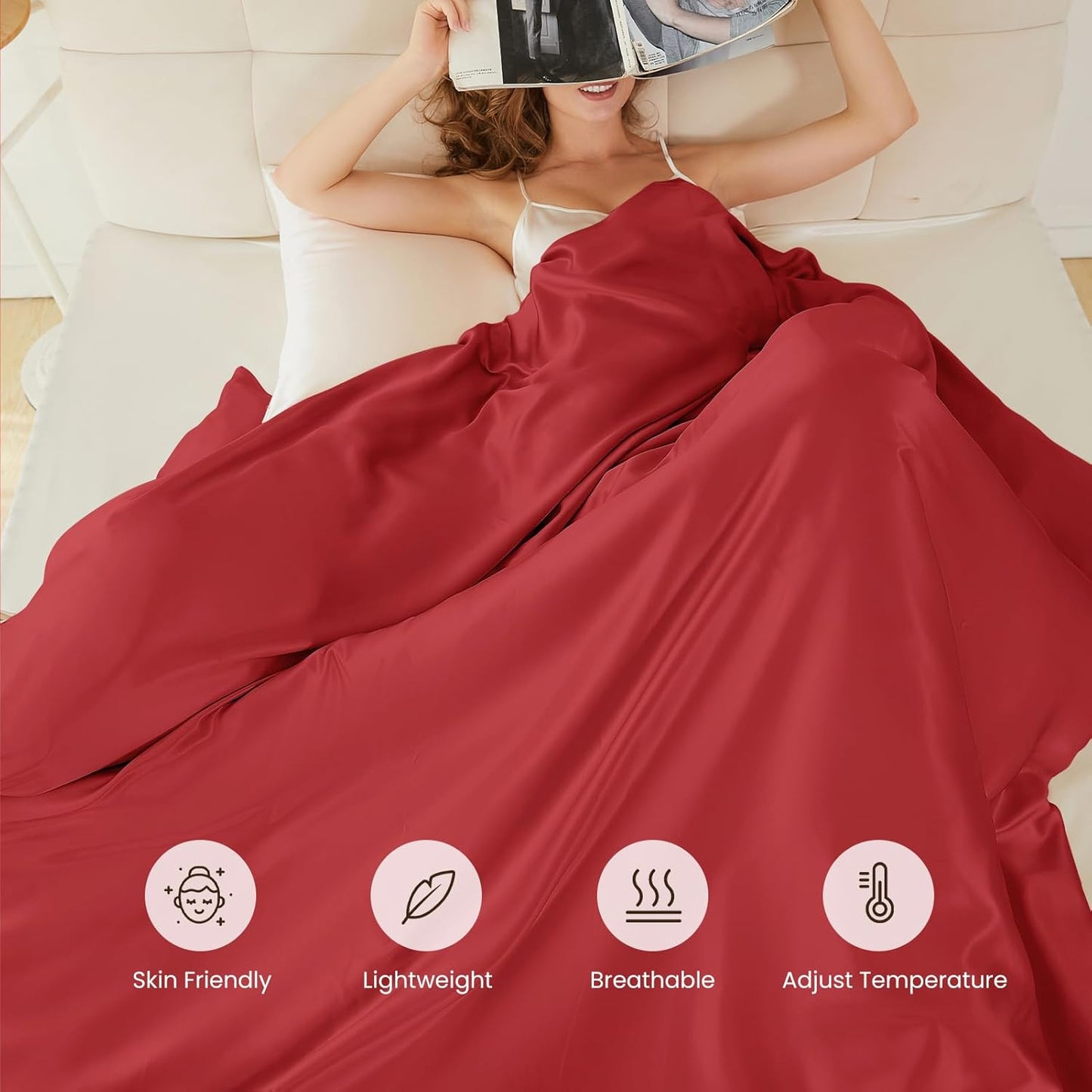 THXSILK 100% Pure Mulberry Silk Duvet Cover Set 3 Piece, 6A+ Grade Luxury Soft Bedding Silk Sheets for Hair and Skin, 1 Pcs Duvet/Quilt/Comforter Cover with 2 Zippered Pillowcases (Red, Cal. King)