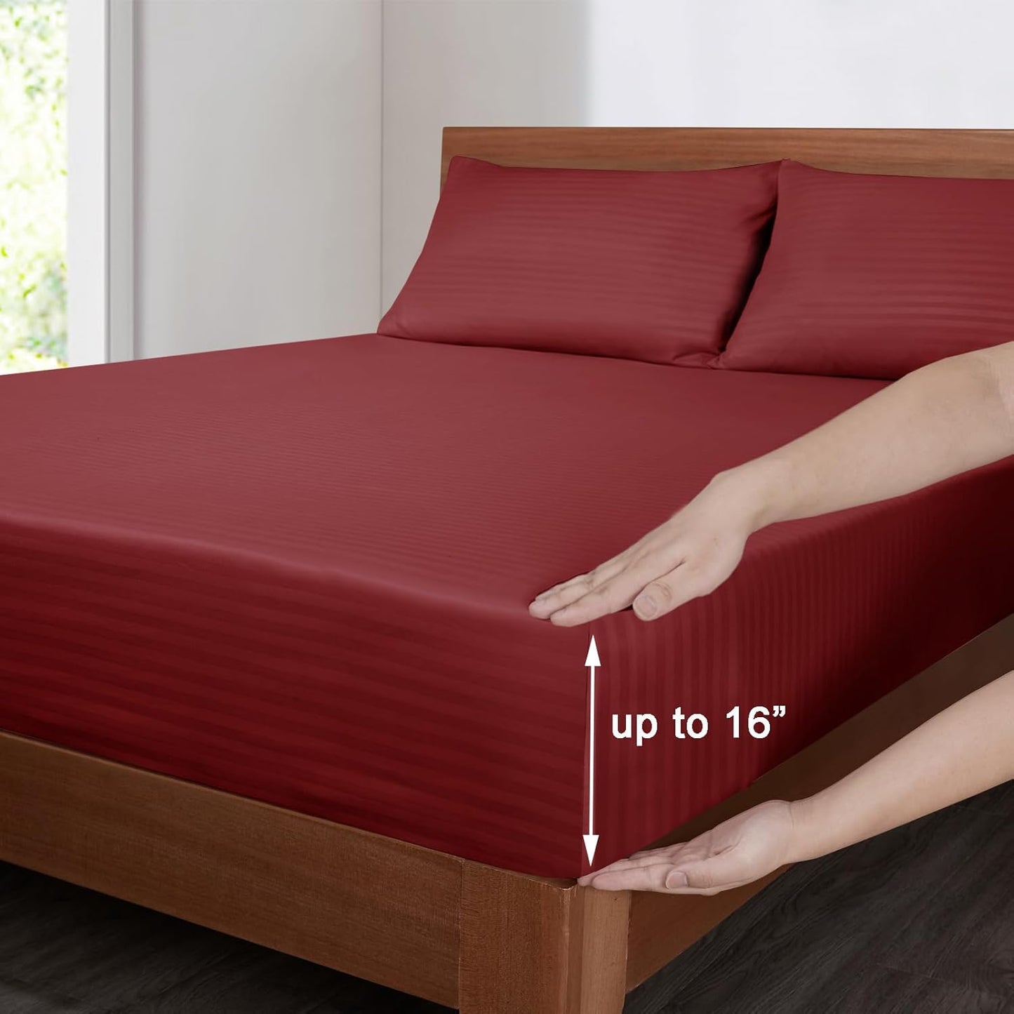 Mejoroom Striped Full Size Sheets – Extra Soft Full Size Bed Sheets - 16inches deep Pocket Full Sheet Set, Breathable, Wrinkle, Fade and Stain Resistant - 4 Piece (02-Burgundy)