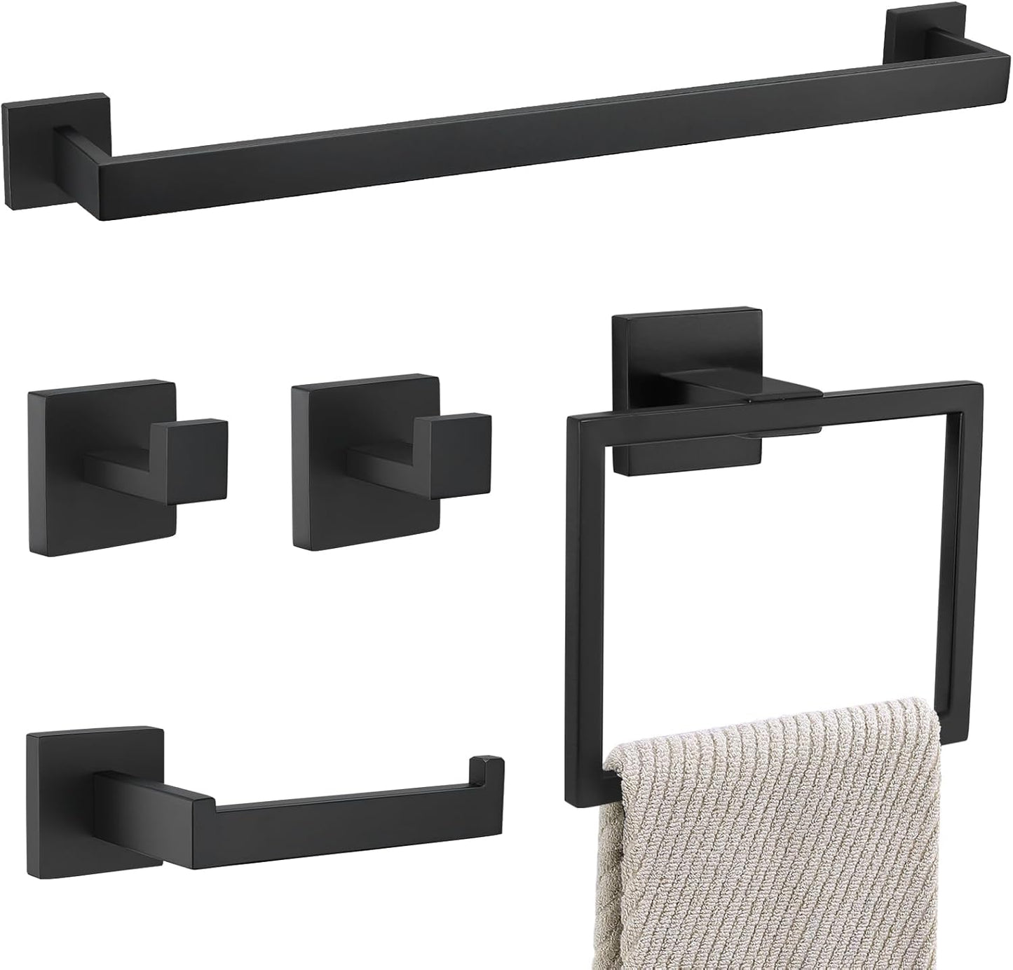 YACVCL 5 Pieces Matte Black Bathroom Hardware Set Towel Bar Set for Bathroom, Stainless Steel Towel Holder Set Wall-Mounted Bathroom Accessorie Set,23.6 Inch